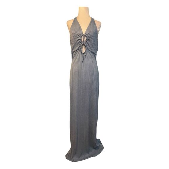 IRIS Halter Maxi Dress Blue Ribbed Knit Keyhole Tie Front Open Back L - Picture 1 of 8